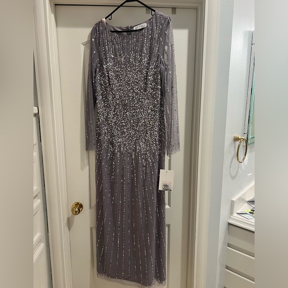 Mac Duggal Lavendar Sequin Embellished Long Sleeve A Line Full Length -size 12 - Picture 4 of 6